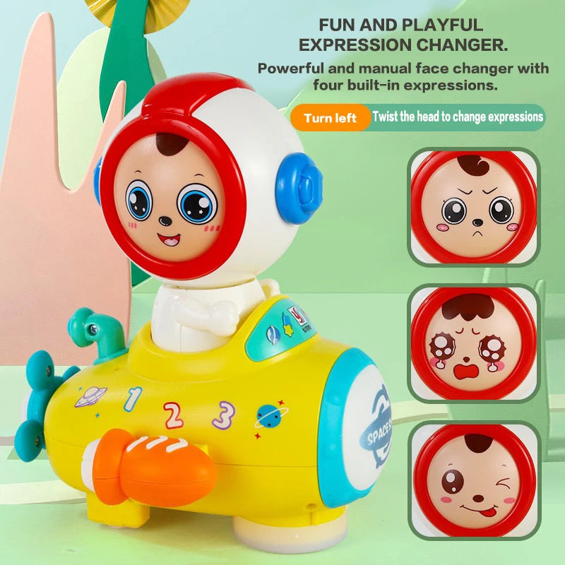 Giocattolo elettrico a forma di astronauta con viso che cambia aspetto e quattro espressioni facciali automatiche, regalo per le feste dei bambini