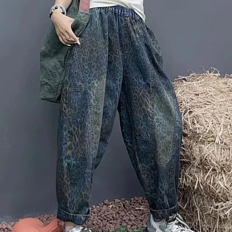 Amax luluE Summer Leopard Streetwear Womens Printed Fashion Jeans Loose Vintage Denim Pants Ladies Classic Casual Harem Trousers