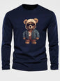 100 cotton men's casual long sleeved round neck loose bear pattern printed autumn and winter T-shirt top versatile