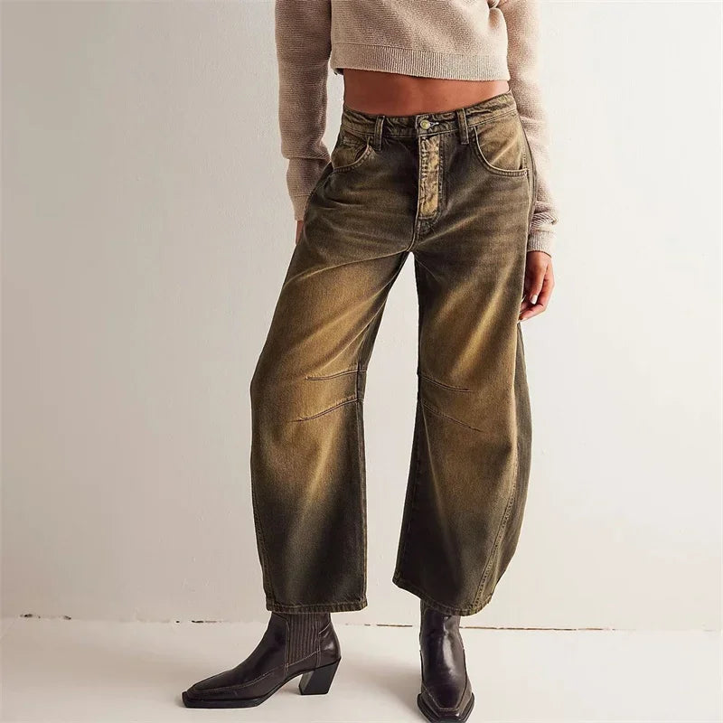 Jeans in denim stile americano vintage da donna, nuovi pantaloni dritti con cuciture al ginocchio, pantaloni casual larghi a vita media da pendolare