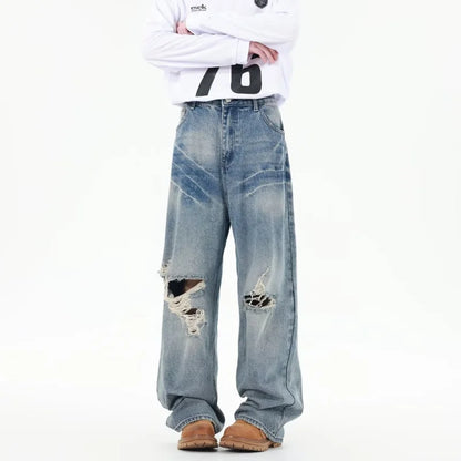2025 Ropa Y2K Streetwear Washed Blue Baggy Ripped New Jeans Pants For Women Clothing Korean Casual Summer Lady Denim Trousers