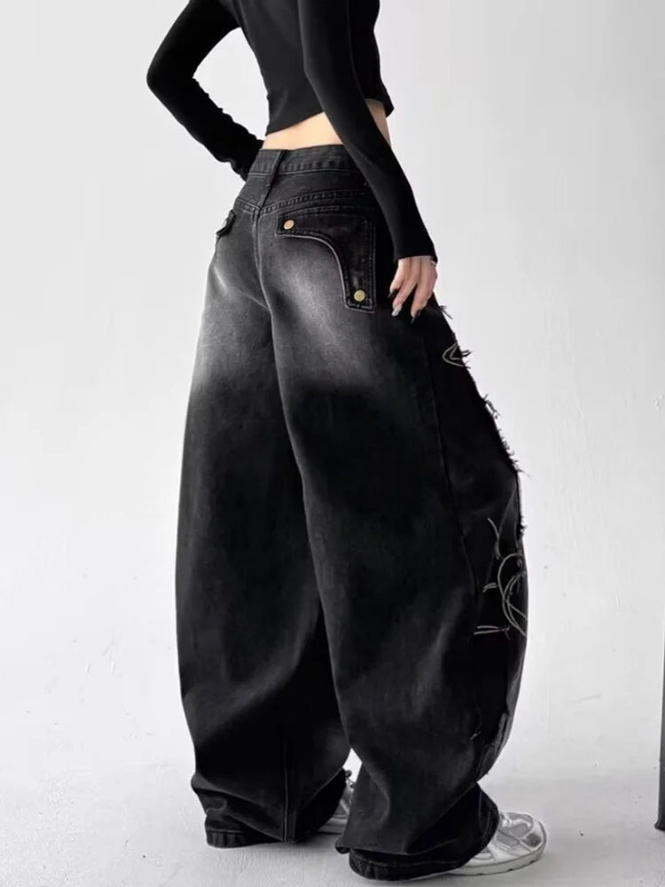 2025 Grunge Y2K Streetwear Vintage Blue Baggy Stacked Cargo Jeans Pants For Women Clothing Wide Leg New Rock Lady Denim Trousers