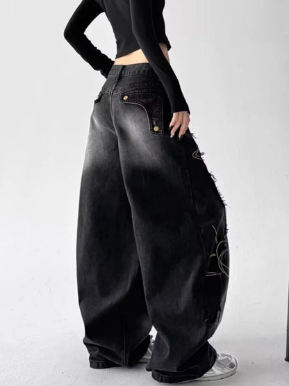 2025 Grunge Y2K Streetwear Vintage Blue Baggy Stacked Cargo Jeans Pants For Women Clothing Wide Leg New Rock Lady Denim Trousers