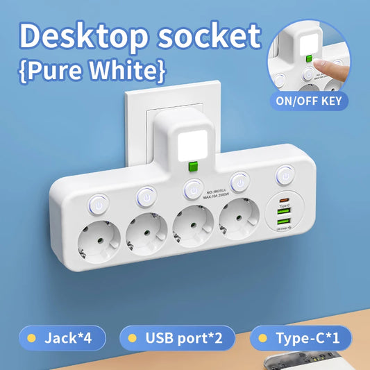 EU plug and socket 4 sockets, multi plug wall power plug and socket without extension cable or USB and Type-C port