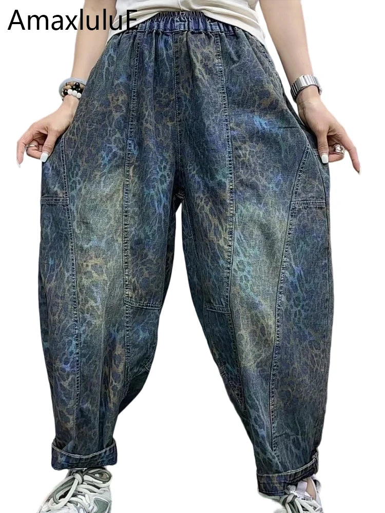 Amax luluE Summer Leopard Streetwear Womens Printed Fashion Jeans Loose Vintage Denim Pants Ladies Classic Casual Harem Trousers