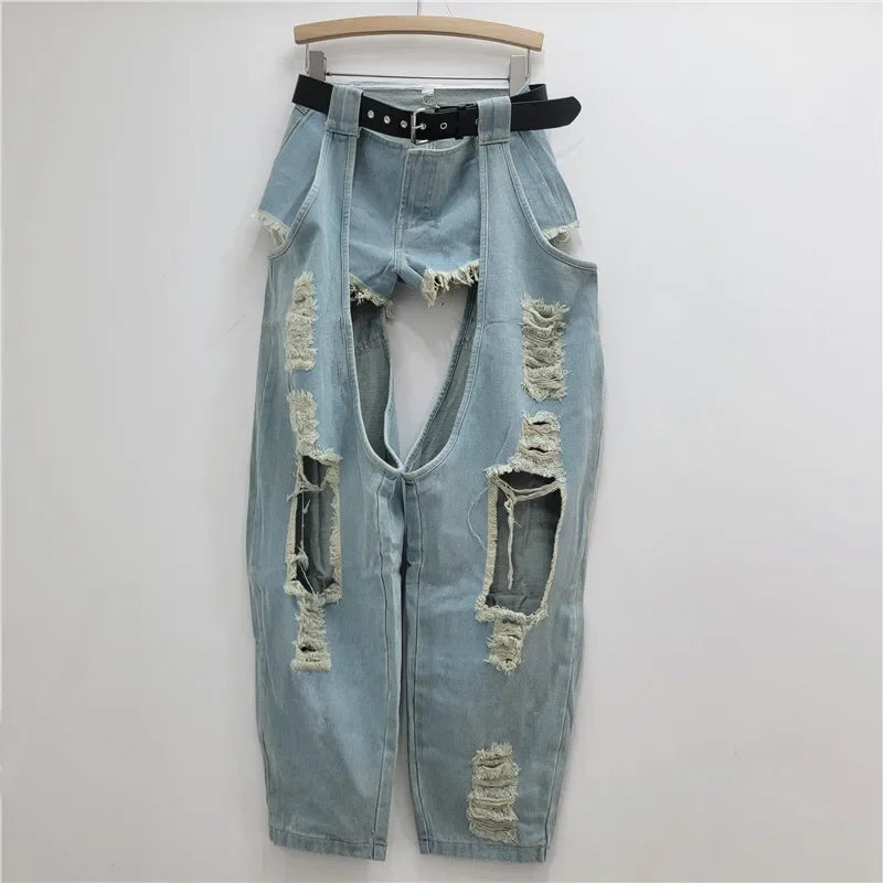 2025 New Autumn Fashion Women's Clothing Ripped Belt Jeans Splicing Low Waist Shorts Two-piece Set Women's baggy jeans Y2K