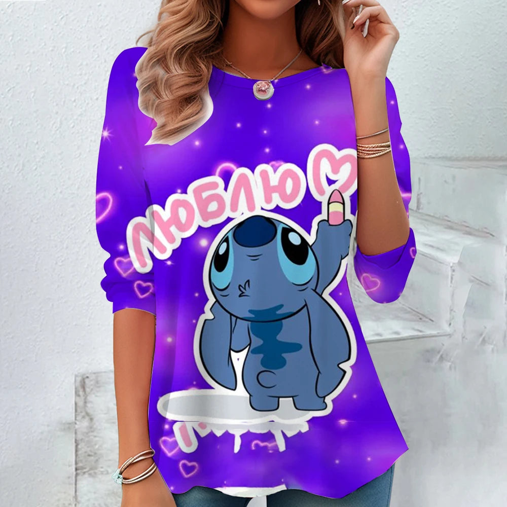 Fashion Vintage Disney Lilo & Stitch Pattern Women O-Neck Long Sleeve T-Shirt Casual Breathable Women's Clothing Apparel Tops Te