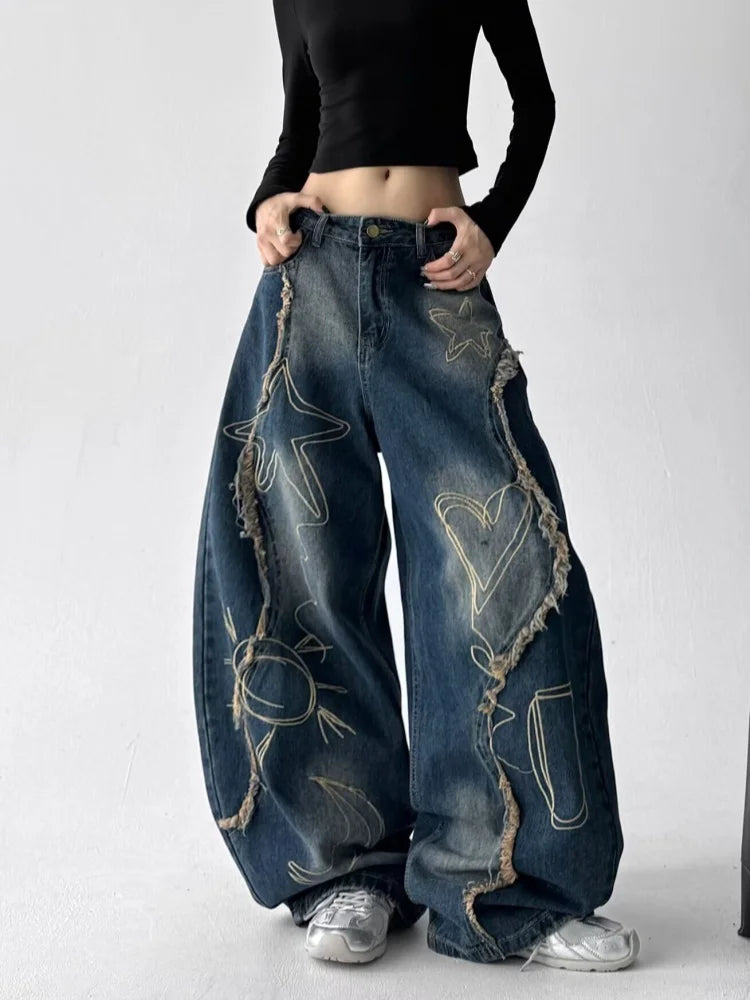 2025 Grunge Y2K Streetwear Vintage Blue Baggy Stacked Cargo Jeans Pants For Women Clothing Wide Leg New Rock Lady Denim Trousers
