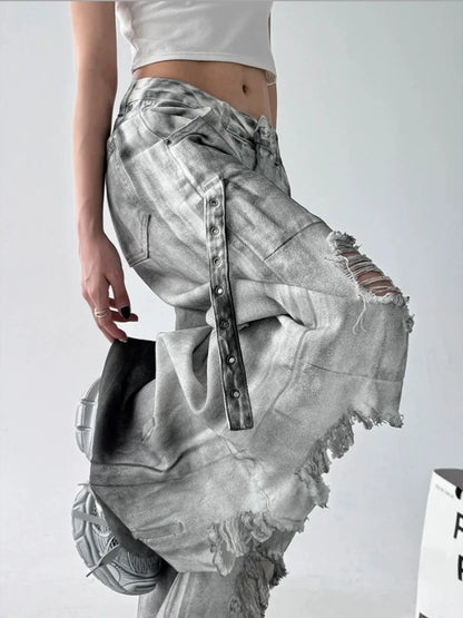 Jeans Donna Bianchi Strappati Grunge - Pantaloni Baggy Y2K Cyber Gamba Larga Effetto Vissuto
