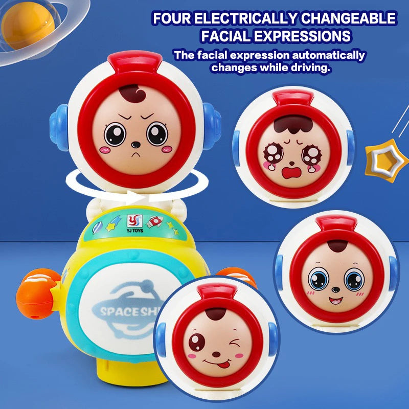 Giocattolo elettrico a forma di astronauta con viso che cambia aspetto e quattro espressioni facciali automatiche, regalo per le feste dei bambini