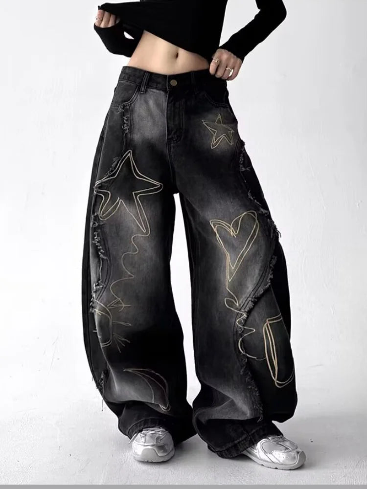 2025 Grunge Y2K Streetwear Vintage Blue Baggy Stacked Cargo Jeans Pants For Women Clothing Wide Leg New Rock Lady Denim Trousers