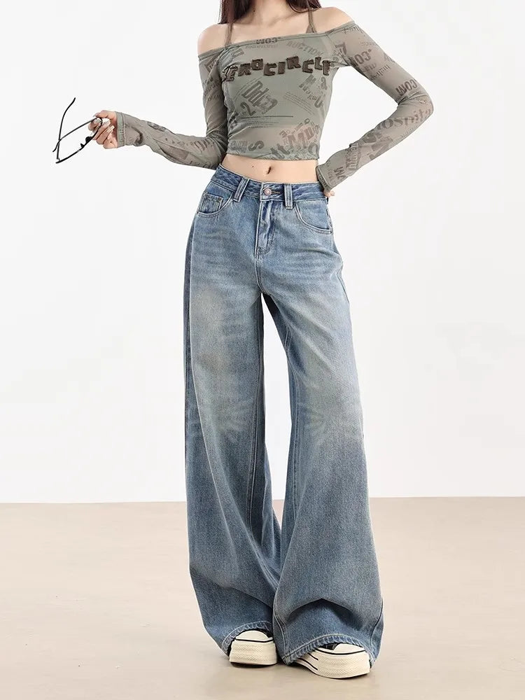 Pantaloni larghi drappeggiati per ragazza, jeans azzurri chiari, pantaloni larghi e versatili per il tempo libero, pantaloni dritti primaverili e autunnali per studentesse