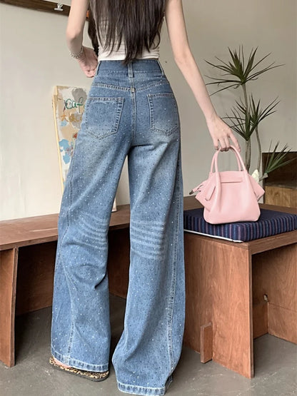 Jeans Donna Baggy Blu con Strass - Pantaloni Denim Y2K Gamba Larga Fashion 2025