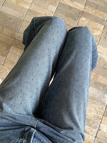Jeans Donna Baggy Blu con Strass - Pantaloni Denim Y2K Gamba Larga Fashion 2025