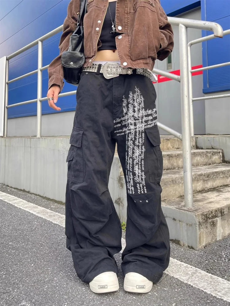 Pantaloni cargo larghi neri con stampa di lettere Cyber Y2K alla moda 2025 per donna, abbigliamento dritto in cotone, pantaloni lunghi, Ropa Mujer