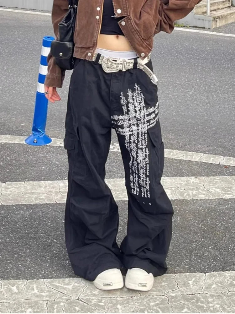 Pantaloni cargo larghi neri con stampa di lettere Cyber Y2K alla moda 2025 per donna, abbigliamento dritto in cotone, pantaloni lunghi, Ropa Mujer
