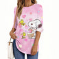 Maglietta da donna con scollo a V e maniche lunghe, casual, in poliestere traspirante, per abbigliamento da donna, top e t-shirt, serie di cartoni animati Snoopy