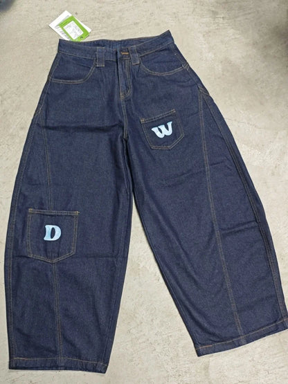 2025 Cyber Y2K Fashion Letter Print Dark Blue Baggy Jeans Pants For Women Clothing Wide Leg Hip Hop Straight Lady Denim Trousers