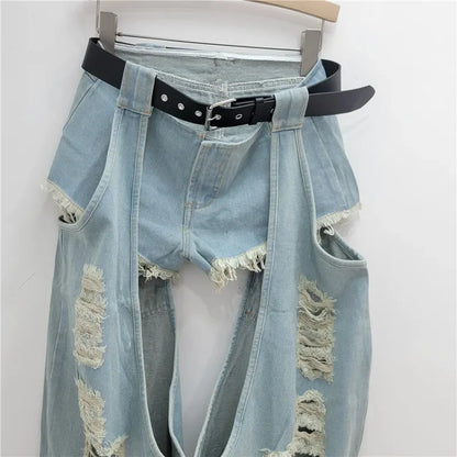 2025 New Autumn Fashion Women's Clothing Ripped Belt Jeans Splicing Low Waist Shorts Two-piece Set Women's baggy jeans Y2K