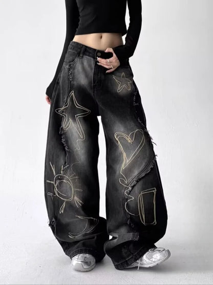 2025 Grunge Y2K Streetwear Vintage Blue Baggy Stacked Cargo Jeans Pants For Women Clothing Wide Leg New Rock Lady Denim Trousers