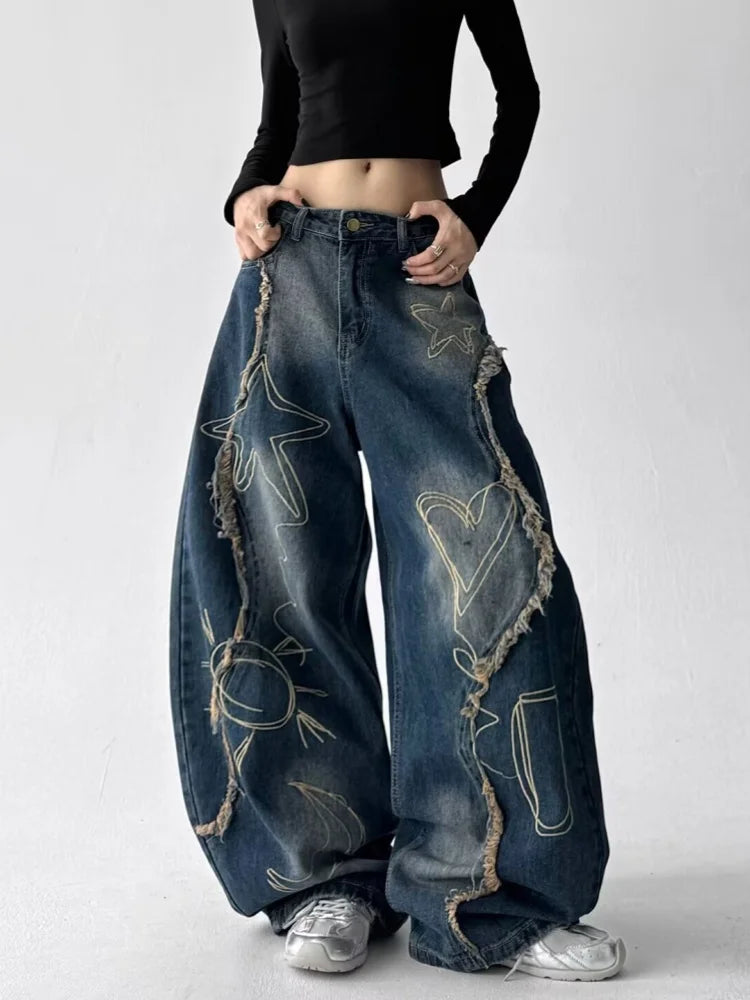 2025 Grunge Y2K Streetwear Vintage Blue Baggy Stacked Cargo Jeans Pants For Women Clothing Wide Leg New Rock Lady Denim Trousers