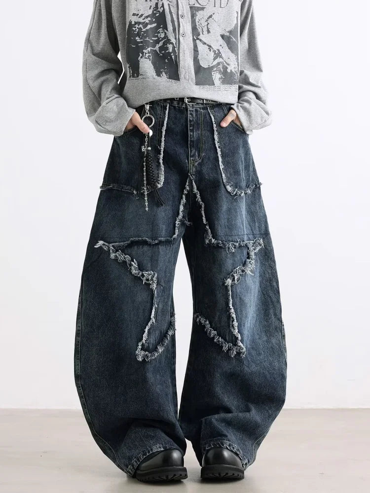 2025 Cyber Y2K Streetwear Star Patchwork Distressed Blue Baggy Jeans Pants For Women Clothing Wide Leg Old Lady Denim Trousers