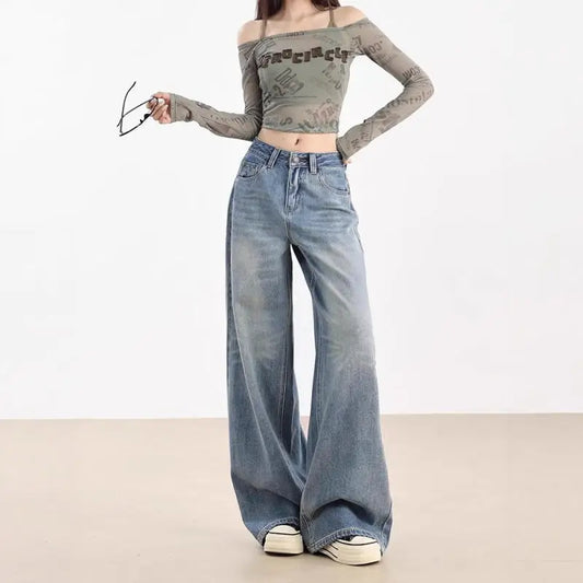 Girl Light Blue Jeans Drape Wide-Leg Pants Leisure Loose Versatile Straight-Leg Pants Spring Autumn Female Student Floor Pants