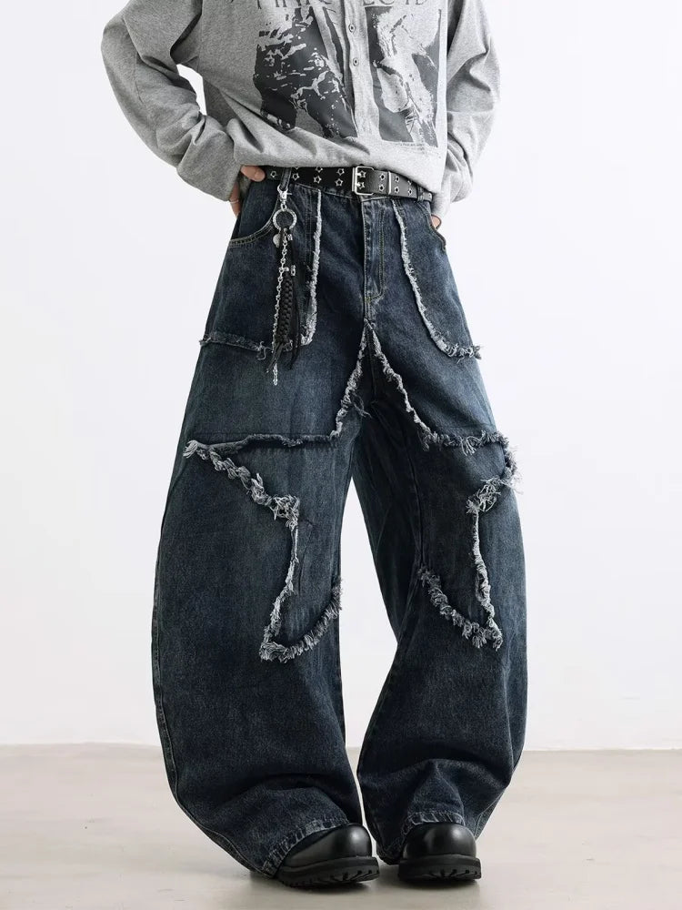 2025 Cyber Y2K Streetwear Star Patchwork Distressed Blue Baggy Jeans Pants For Women Clothing Wide Leg Old Lady Denim Trousers
