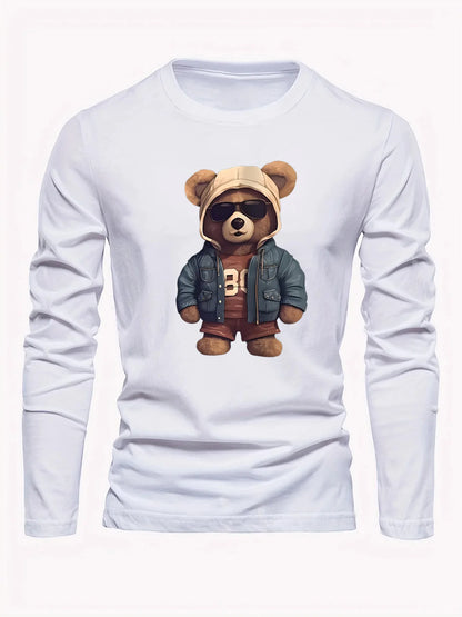 100 cotton men's casual long sleeved round neck loose bear pattern printed autumn and winter T-shirt top versatile