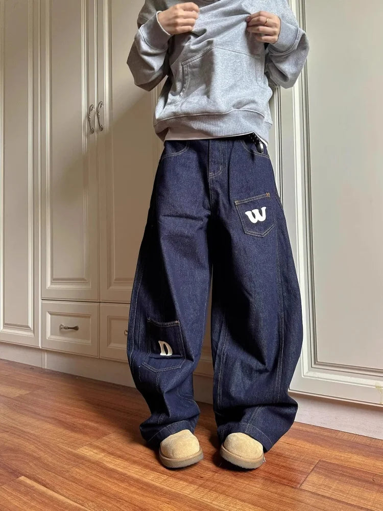 2025 Cyber Y2K Fashion Letter Print Dark Blue Baggy Jeans Pants For Women Clothing Wide Leg Hip Hop Straight Lady Denim Trousers