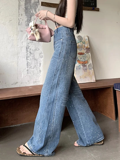 Jeans Donna Baggy Blu con Strass - Pantaloni Denim Y2K Gamba Larga Fashion 2025