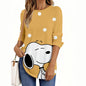 Maglietta da donna con scollo a V e maniche lunghe, casual, in poliestere traspirante, per abbigliamento da donna, top e t-shirt, serie di cartoni animati Snoopy