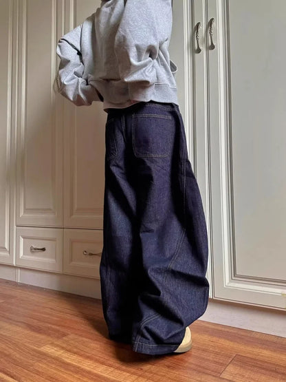 2025 Cyber Y2K Fashion Letter Print Dark Blue Baggy Jeans Pants For Women Clothing Wide Leg Hip Hop Straight Lady Denim Trousers