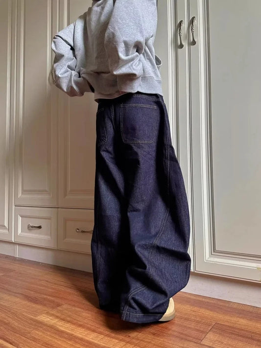 2025 Cyber Y2K Fashion Letter Print Dark Blue Baggy Jeans Pants For Women Clothing Wide Leg Hip Hop Straight Lady Denim Trousers