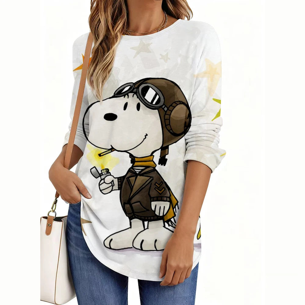 Fashion Snoopy Cartoon Series Women O-Neck Long Sleeve T-Shirt Casual Polyester Breathable Women's Clothing Apparel Tops Tees