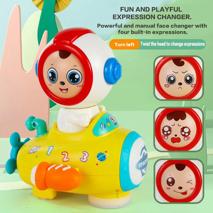 Giocattolo elettrico a forma di astronauta con viso che cambia aspetto e quattro espressioni facciali automatiche, regalo per le feste dei bambini