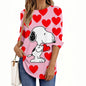 Maglietta da donna con scollo a V e maniche lunghe, casual, in poliestere traspirante, per abbigliamento da donna, top e t-shirt, serie di cartoni animati Snoopy