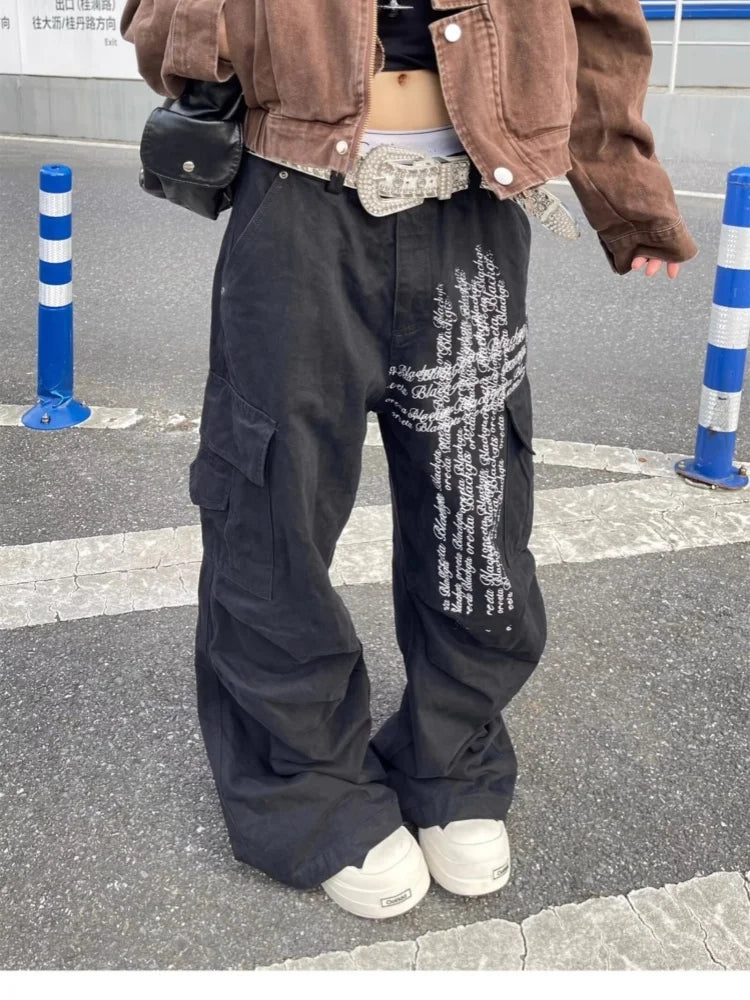 Pantaloni cargo larghi neri con stampa di lettere Cyber Y2K alla moda 2025 per donna, abbigliamento dritto in cotone, pantaloni lunghi, Ropa Mujer