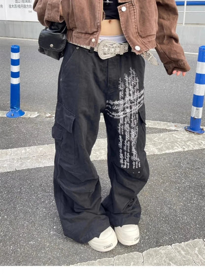 Pantaloni cargo larghi neri con stampa di lettere Cyber Y2K alla moda 2025 per donna, abbigliamento dritto in cotone, pantaloni lunghi, Ropa Mujer