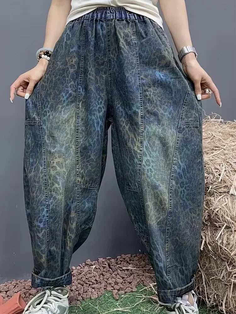 Amax luluE Summer Leopard Streetwear Womens Printed Fashion Jeans Loose Vintage Denim Pants Ladies Classic Casual Harem Trousers