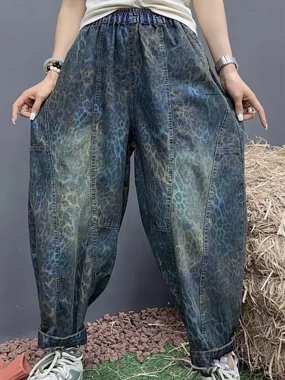 Amax luluE Summer Leopard Streetwear Womens Printed Fashion Jeans Loose Vintage Denim Pants Ladies Classic Casual Harem Trousers