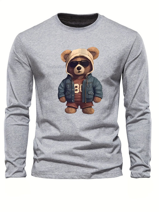 100 cotton men's casual long sleeved round neck loose bear pattern printed autumn and winter T-shirt top versatile