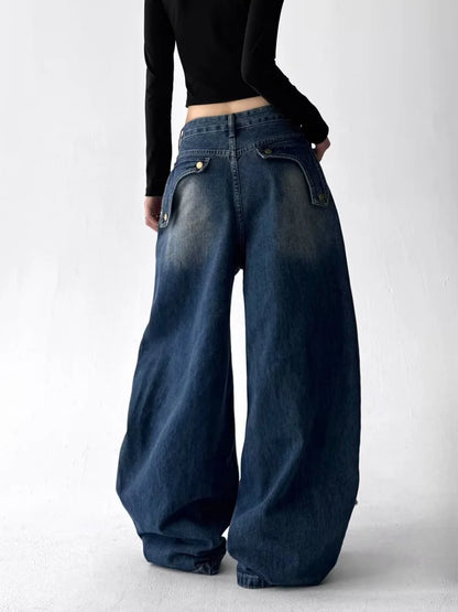2025 Grunge Y2K Streetwear Vintage Blue Baggy Stacked Cargo Jeans Pants For Women Clothing Wide Leg New Rock Lady Denim Trousers