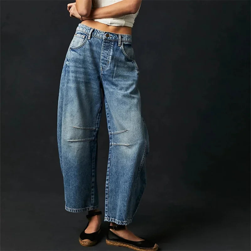 Jeans in denim stile americano vintage da donna, nuovi pantaloni dritti con cuciture al ginocchio, pantaloni casual larghi a vita media da pendolare