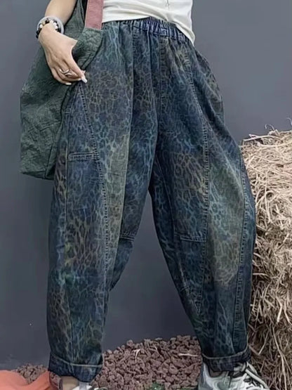 Amax luluE Summer Leopard Streetwear Womens Printed Fashion Jeans Loose Vintage Denim Pants Ladies Classic Casual Harem Trousers
