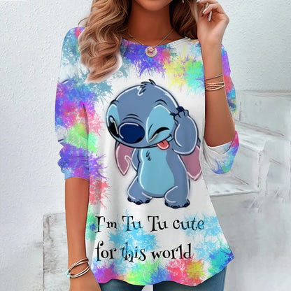 Fashion Vintage Disney Lilo & Stitch Pattern Women O-Neck Long Sleeve T-Shirt Casual Breathable Women's Clothing Apparel Tops Te