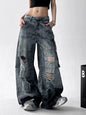 Jeans Donna Bianchi Strappati Grunge - Pantaloni Baggy Y2K Cyber Gamba Larga Effetto Vissuto