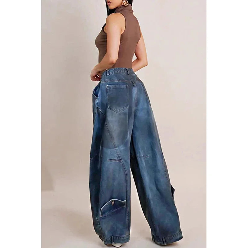 Jeans larghi in denim da donna Y2K, pantaloni casual lavati con tasche asimmetriche e bottoni