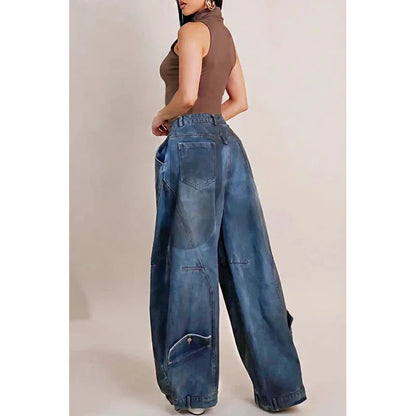 Jeans larghi in denim da donna Y2K, pantaloni casual lavati con tasche asimmetriche e bottoni