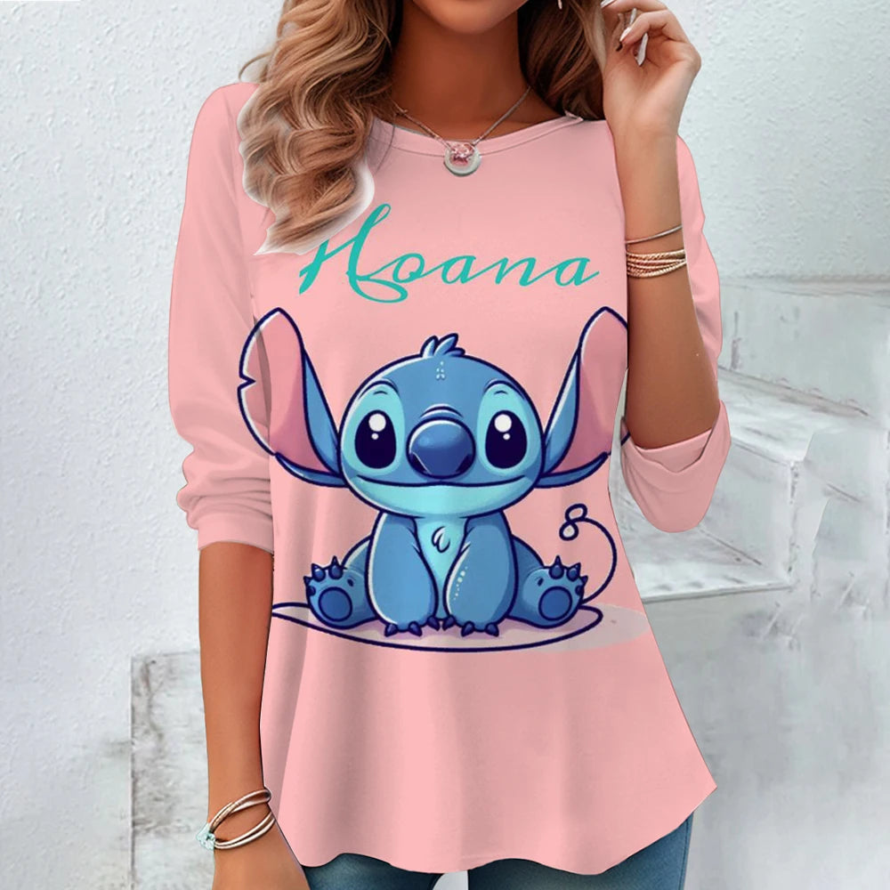 Fashion Vintage Disney Lilo & Stitch Pattern Women O-Neck Long Sleeve T-Shirt Casual Breathable Women's Clothing Apparel Tops Te